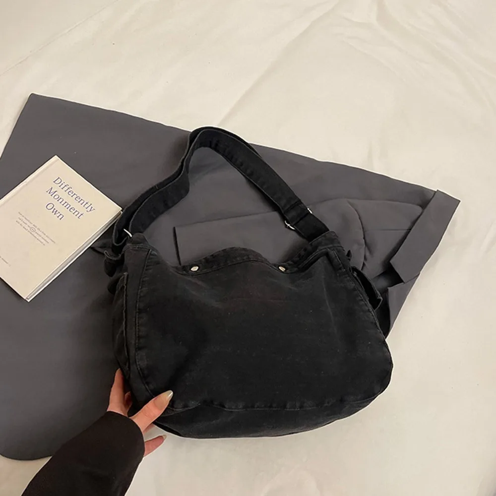 

Сумка на плечо, джинсовая холщовая сумка, уличный стиль, большая вместительная винтажная сумка через плечо, однотонная простая большая сумка для путешествий