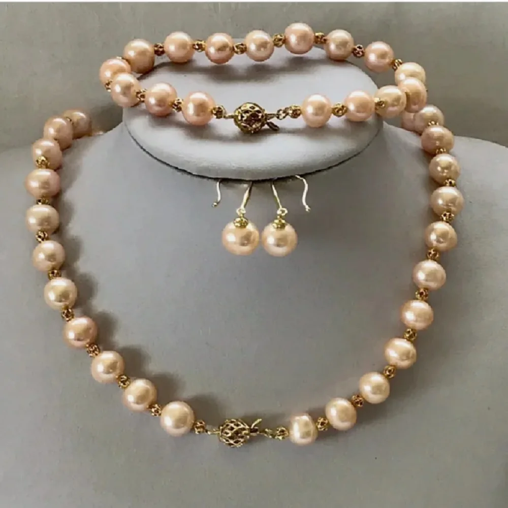 18'' PEARL Necklace+7.5-8'' bracelet+earrings 9-10mm South Sea Stunning Pink Pearl 925S Freeshippings Items