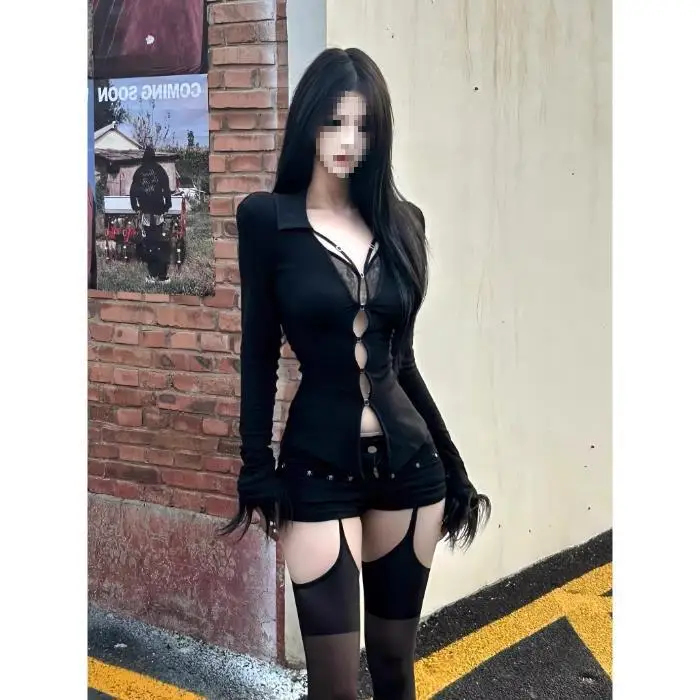 Korean Spicy Girl V-neck Hollow Out Long Sleeved T-shirt Fashion Y2k Lace Splicing Slim Fit Sexy Women Tees Corset Top