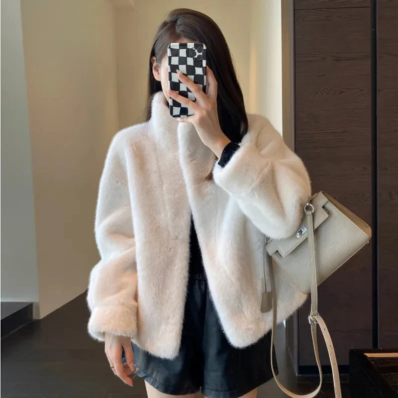 Women Winter Plush Coats Solid Elegant Office Lady Faux Fur Long Sleeve Outwear Female Harajuku Stand Collar Soft Vintage Jacket