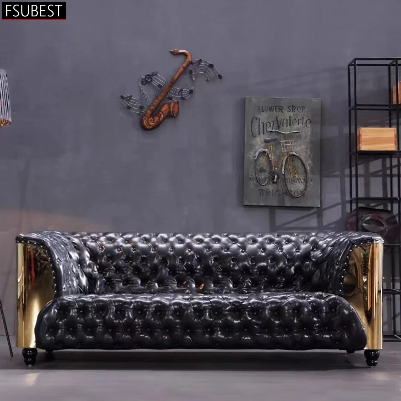 American industrial style loft Villa Club living room combination retro pull buckle golden chesterfield sofa muebles de la sala