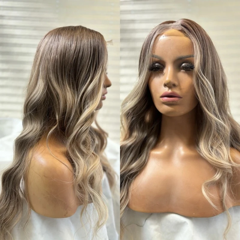 

28 Inches Soft Long Wave Wig 13x4 Ombre Ash Blonde Highlight HD Lace Frontal Wig Cosplay Party Daily Wigs Heat Resistant Wig