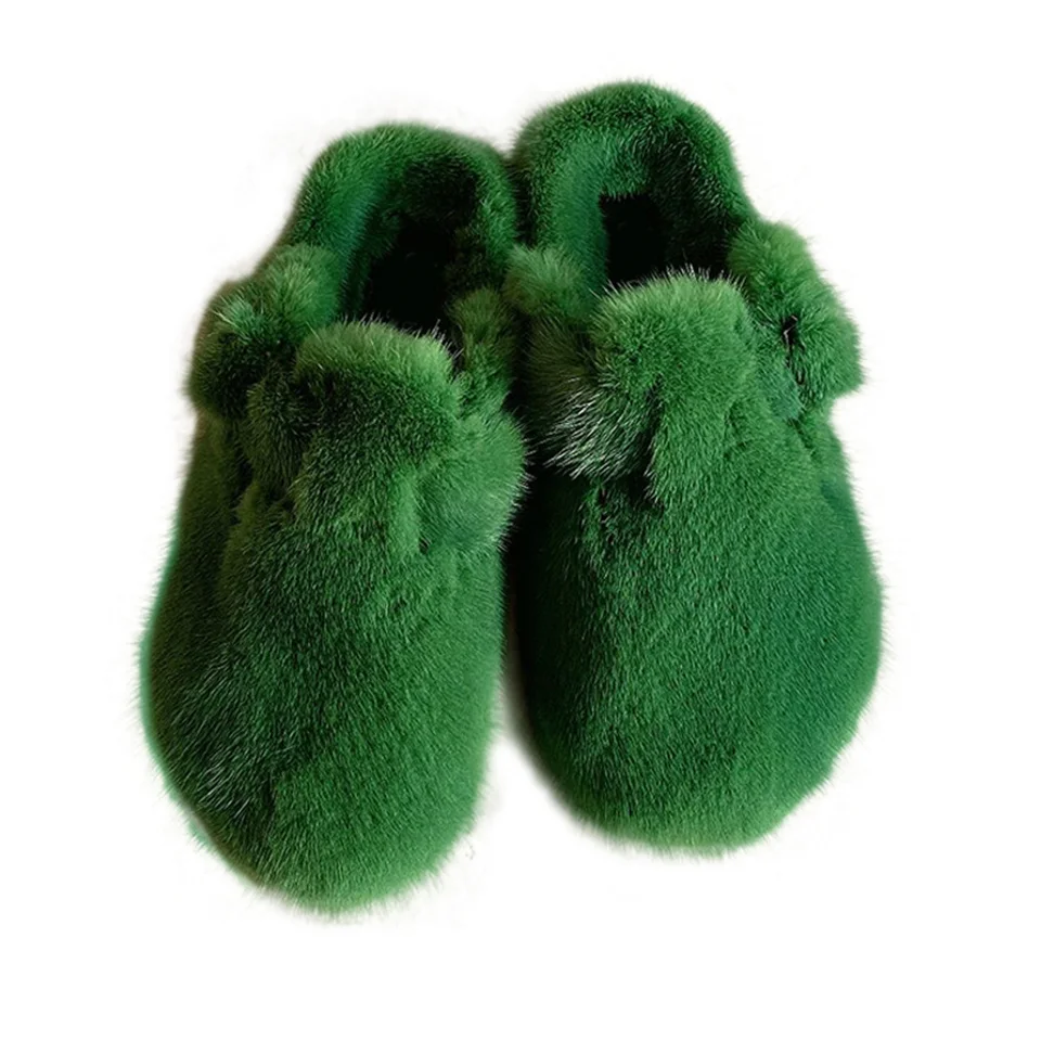 Fashion Fur Slippers Women Autumn Winter Vintage Close Toe Mules Shoes Woman Soft Sole Cork Slides Flat Outdoor Mink Slippers