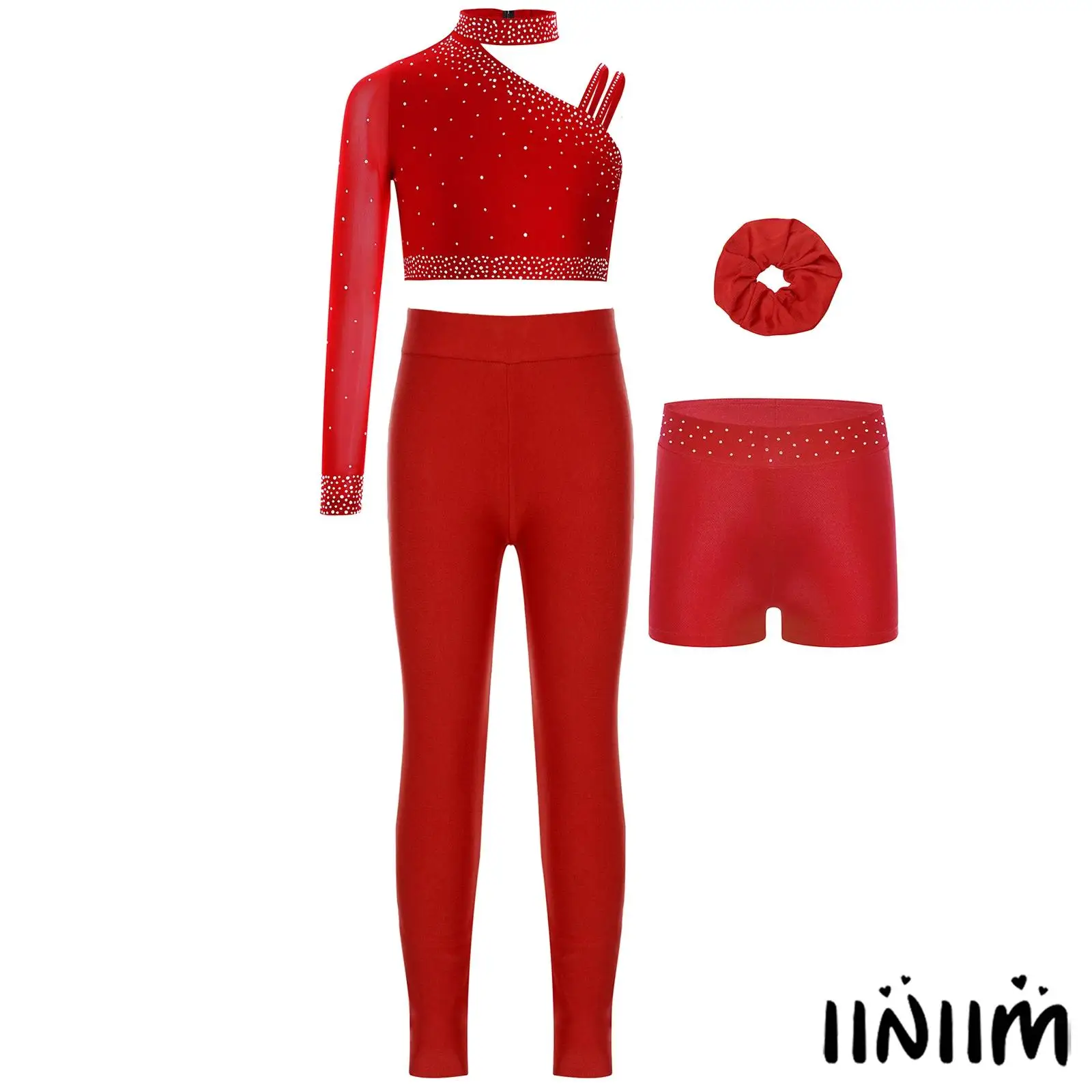 

Sparkling Rhinestone Girls Gymnastics Dance Costume Set Top Asymmetrical Mesh Sleeve Double Strap with Shorts Hairband Leggings