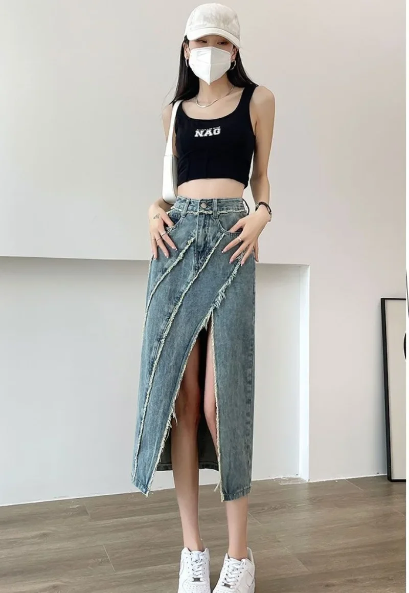 With Pocket Gyaru Slit High Waist Female Jeans Skirts Women's Denim Skirt Quality Harajuku Premium Korean Fashion Aesthetic V