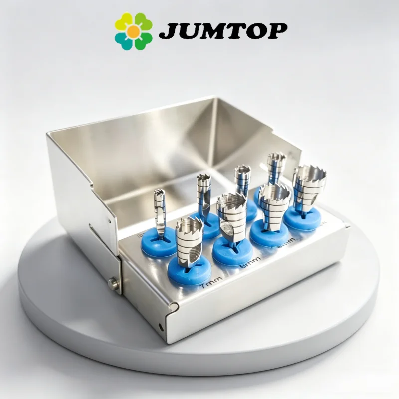 JUMTOP 8Pcs Dental Implant Bone Trephine Drills Kit with Bur Disinfection Holder Universal Trephines Set Dentist Tools