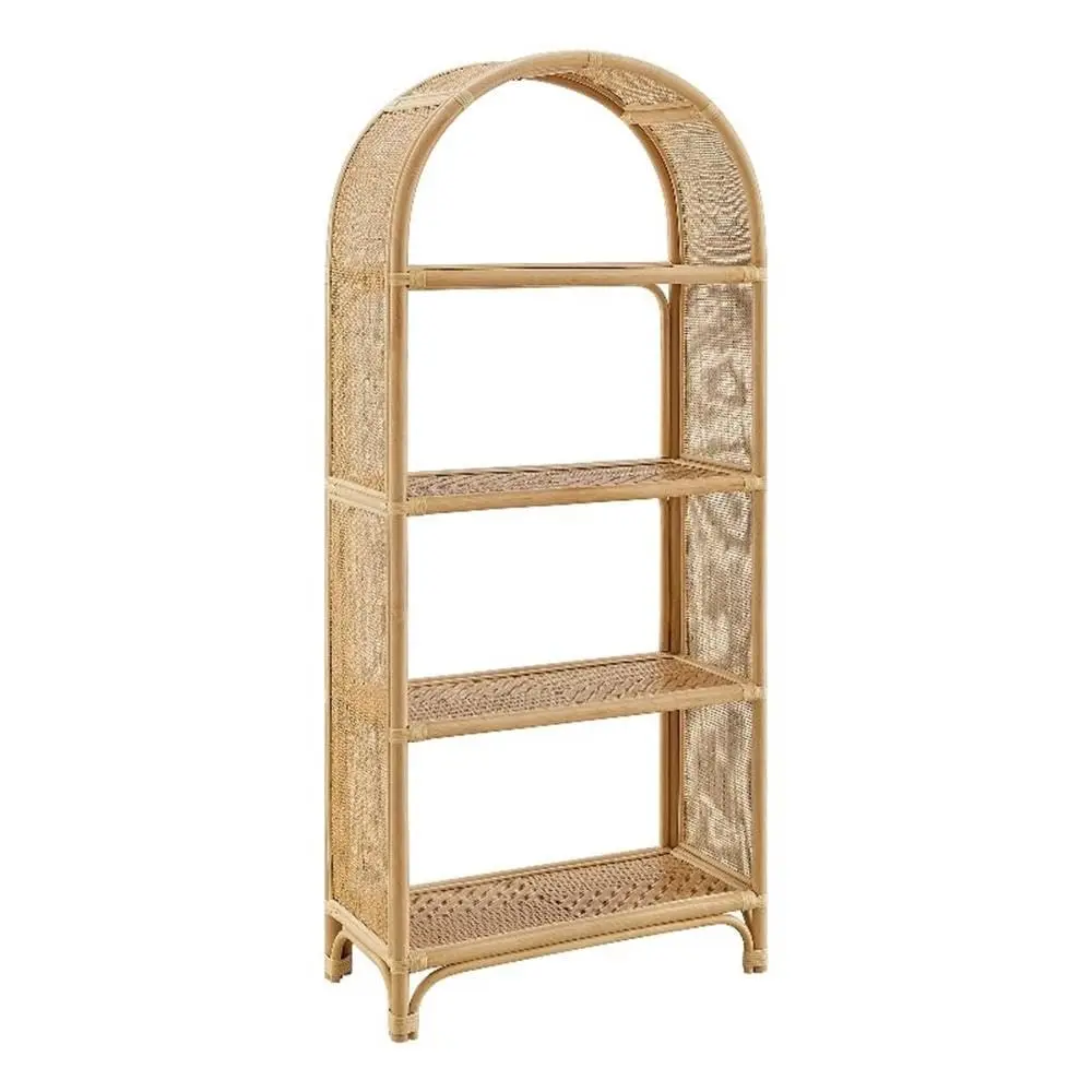Tall Arched Wood & Rattan Bookcase 67 Inch Open Back Bookshelf 6 Shelves Living Room Bedroom Office, Customized