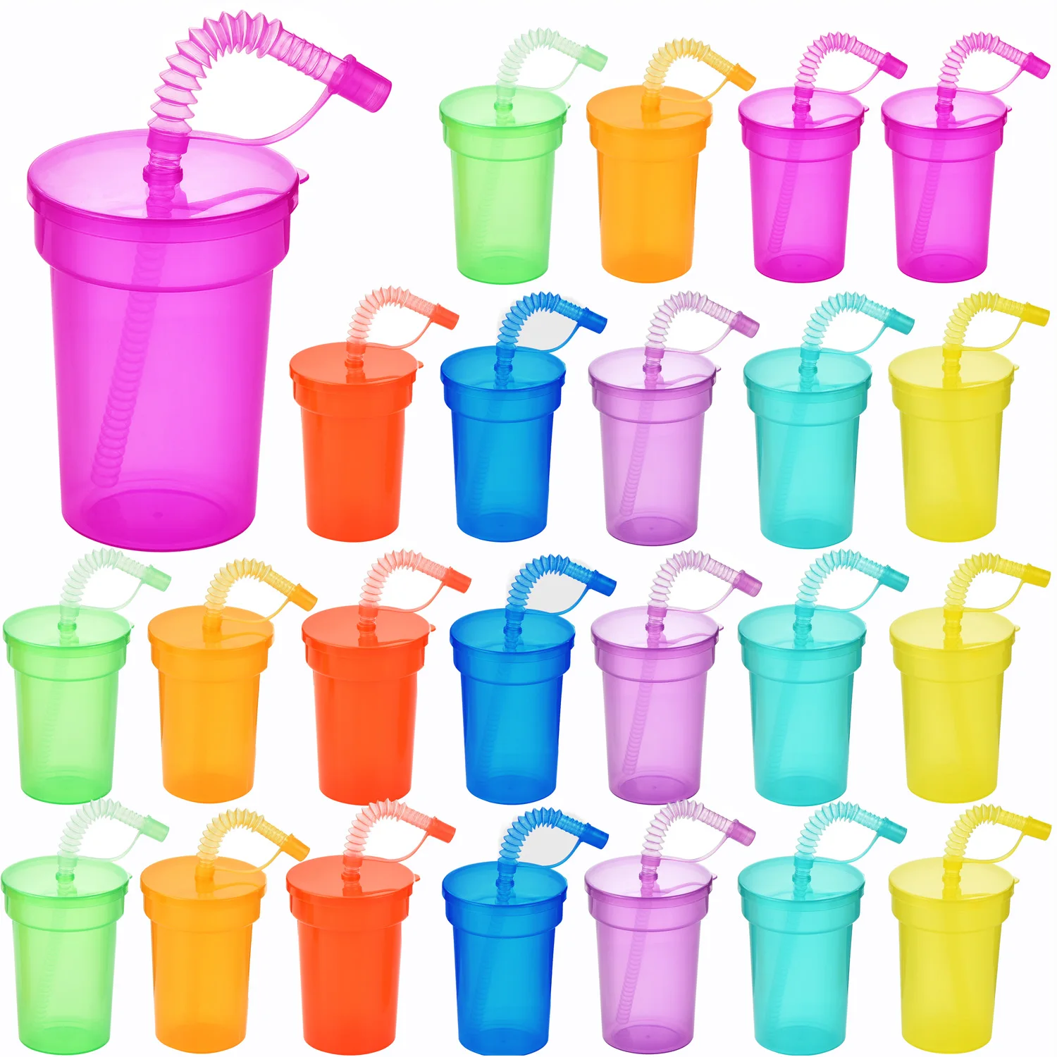 Neon Sipper Cups - Colorful, Spill-Proof Cups with Lids and Straws - Ideal for School Events, Themed Parties, and Birthday Party