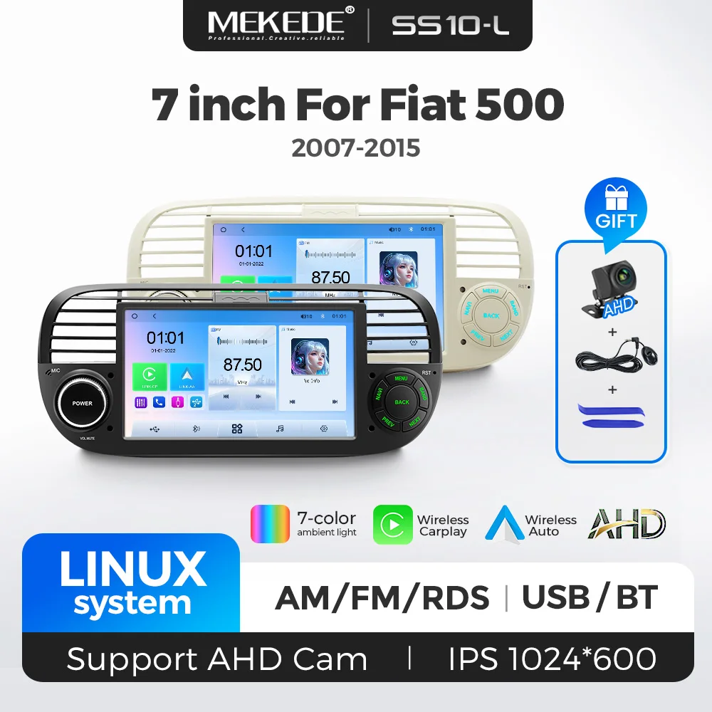 7 Inch Head Unit Linux System For Fiat 500 2007-2015 Black and Beige Car Radio Stereo Multimedia Player 7-Color Lights RDS Radio