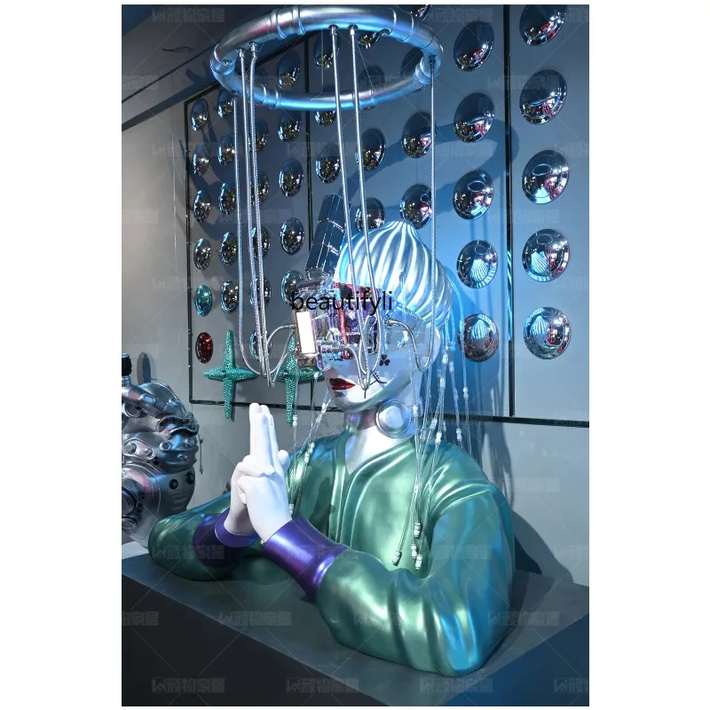 a17 Trendy Mechanical Cool Glowing Praying Girl KTV Fiberglass Tech-Style Large Ornament