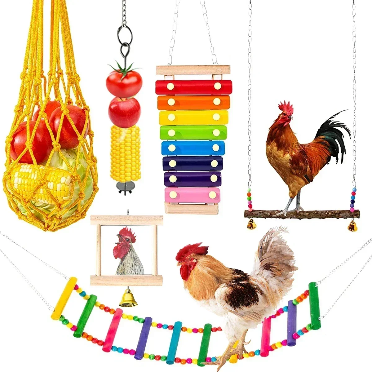 

6Pcs Parrot Playing Training Toys Chicken Toys Set Chewing Foraging Toys with Wooden Swing Fruit Vegetable Hanging Feeder