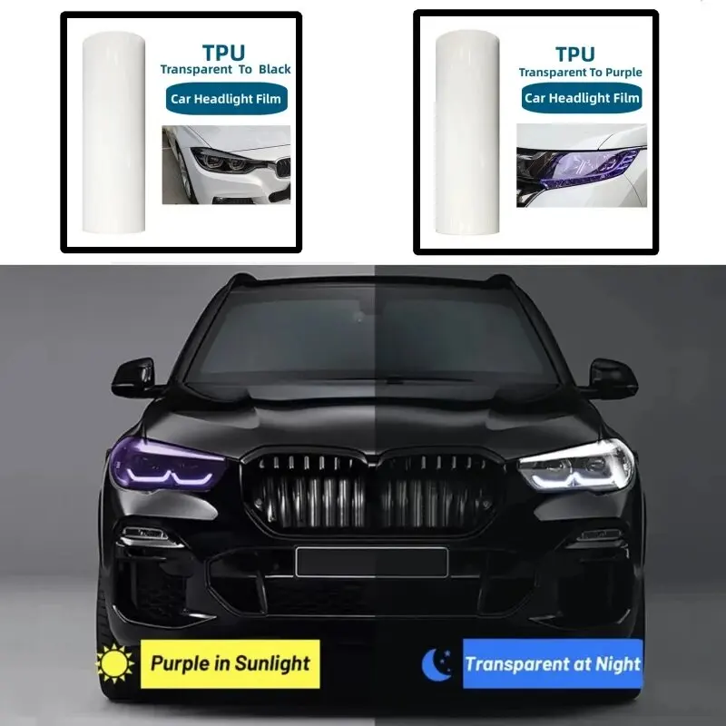 

White to Black/purple PPF TPU 30cmX3/5/10m Photochromic Headlight Protection Film Color-Changing Self-healing Anti-scratch Film