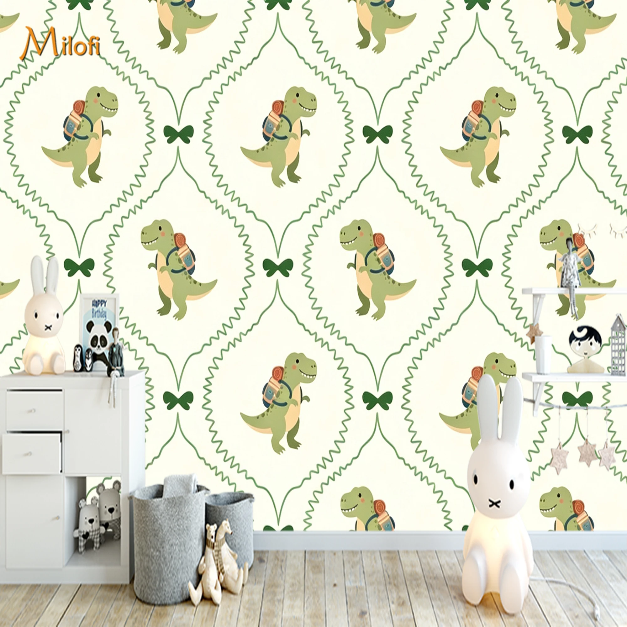 Custom Cute Dinosaur Pattern Mural Wallpaper Cartoon T-Rex with Backpack Green Geometric  for Boys Kids Bedroom Nursery Decor