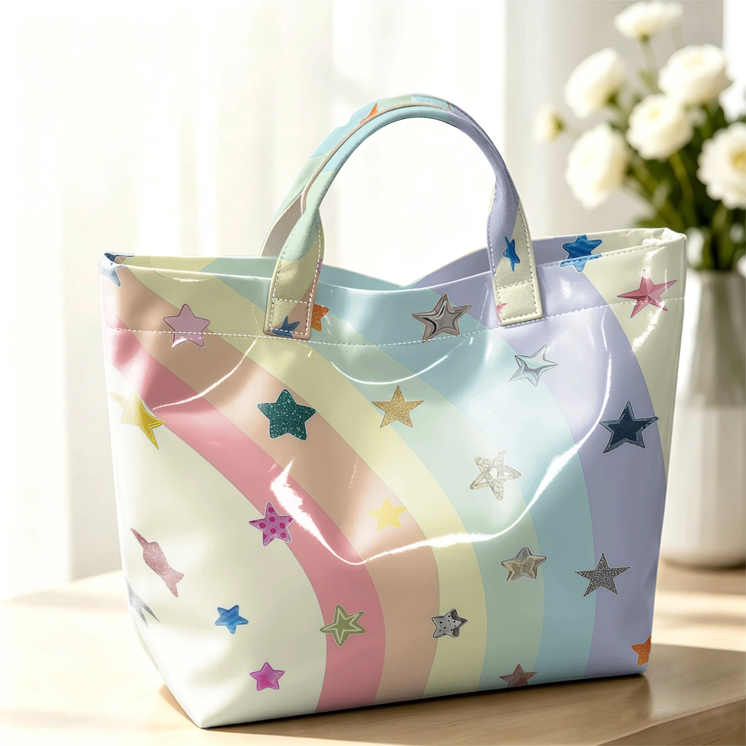Pastel Rainbow Glitter Star Cute Large Glossy PVC Tote Bag Hand Washable Lightweight for Travel Commute Makeup Storage Handbags