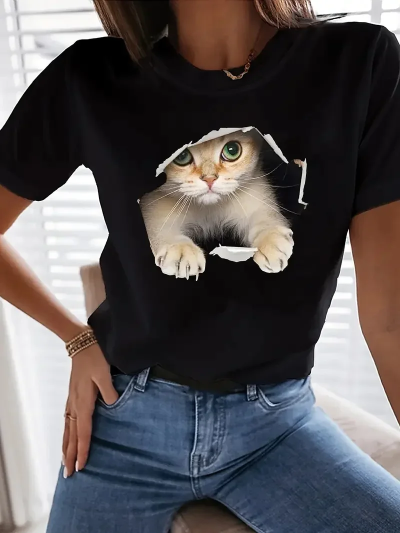 Süßes T-Shirt mit Rundhals ausschnitt und Katzen druck, lässiges Kurzarm-T-Shirt für Frühling und Sommer, Damen bekleidung