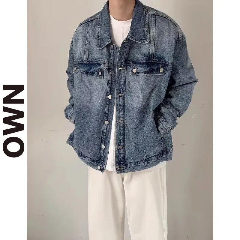 Luxury Brand Vintage Denim High Street Jacket American Washed Loose Jacket Men's Autumn Winter Shoulder Padded Tooling Top