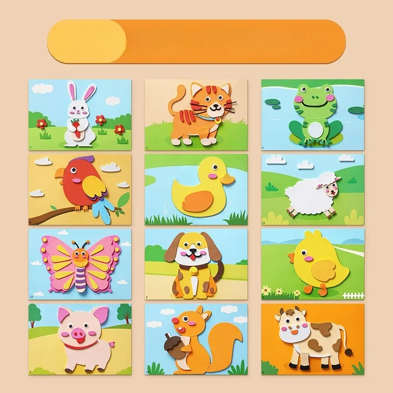 12 pz 3D Set di adesivi in schiuma EVA FAI DA TE Cartoon Animale Apprendimento Educazione Pittura Arte Aula Bambino Puzzle Handicra Crea materiale
