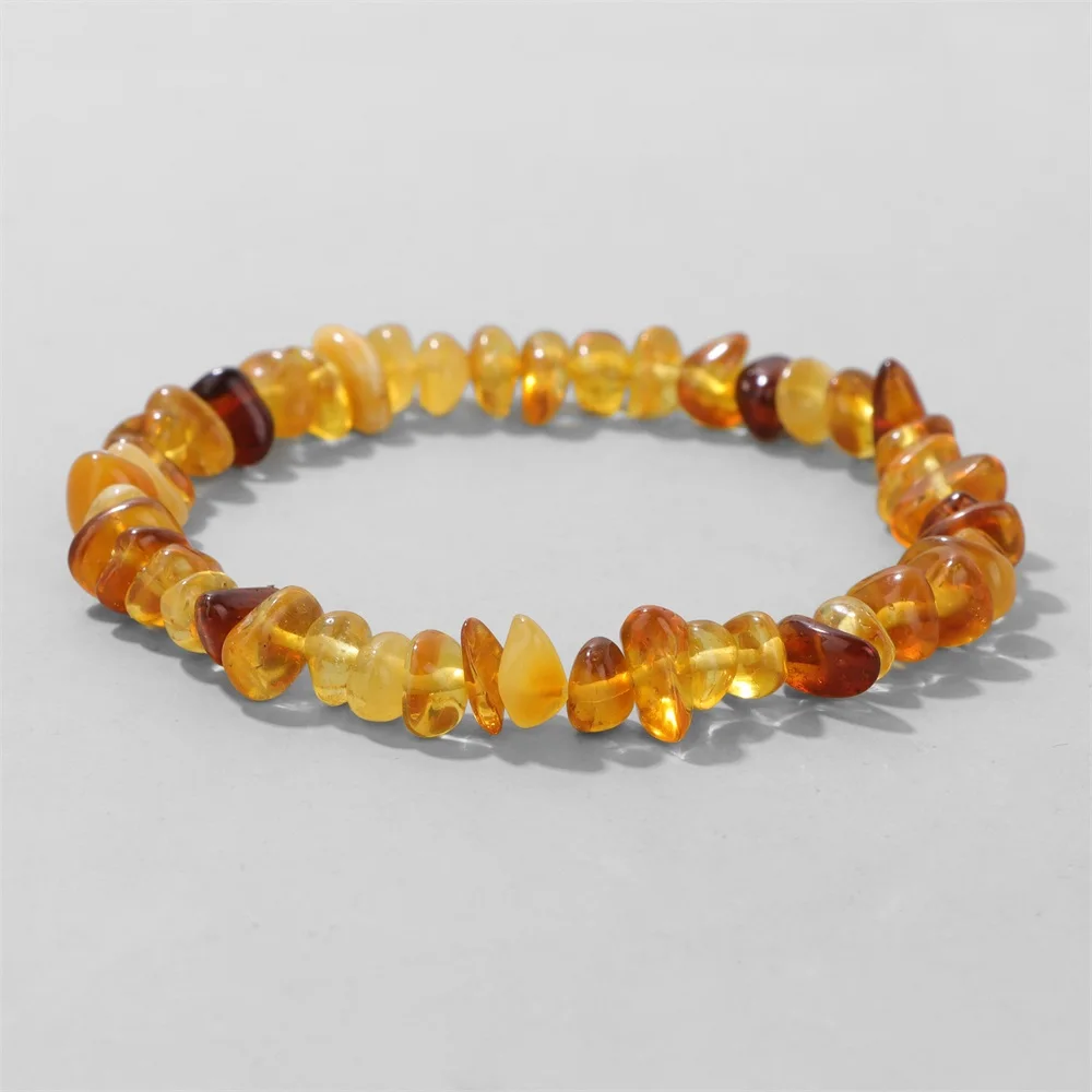 Handmade Raw Freeform Baltic Amber Bracelet  Yellow Brown Irregular Gravel Beads Stretch Bracelets Healing Gemstone Jewelry ﻿