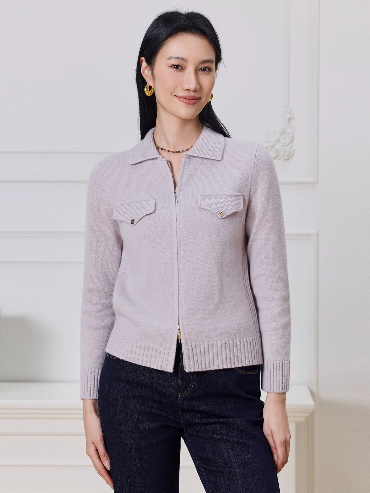 

Женский повседневный весенний кардиган YIYI из шерсти и кашемира с двойной молнией, отложным воротником и вязаным узором, длина до плеч