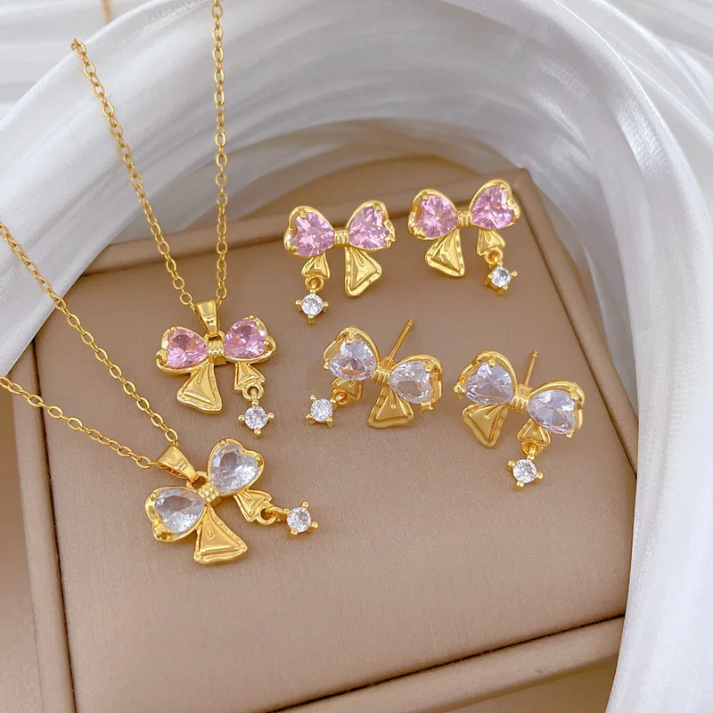 doce-romantico-cor-de-ouro-aco-inoxidavel-rosa-cristal-bowknot-pingente-colar-brinco-para-mulheres-colar-corrente-joias-colorfast