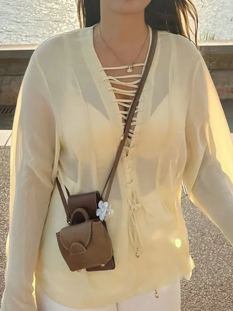 

Casual Chiffon Lace-up Shirt Women V-neck See Though Long-sleeved Loose Thin Short Tops 2026 Spring New Daily Commute Blouse