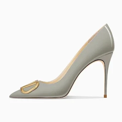 Mode grijze heldere pumps met hoge hakken en V-gesp Lente zomer sandalen Puntige neus lederen hakken