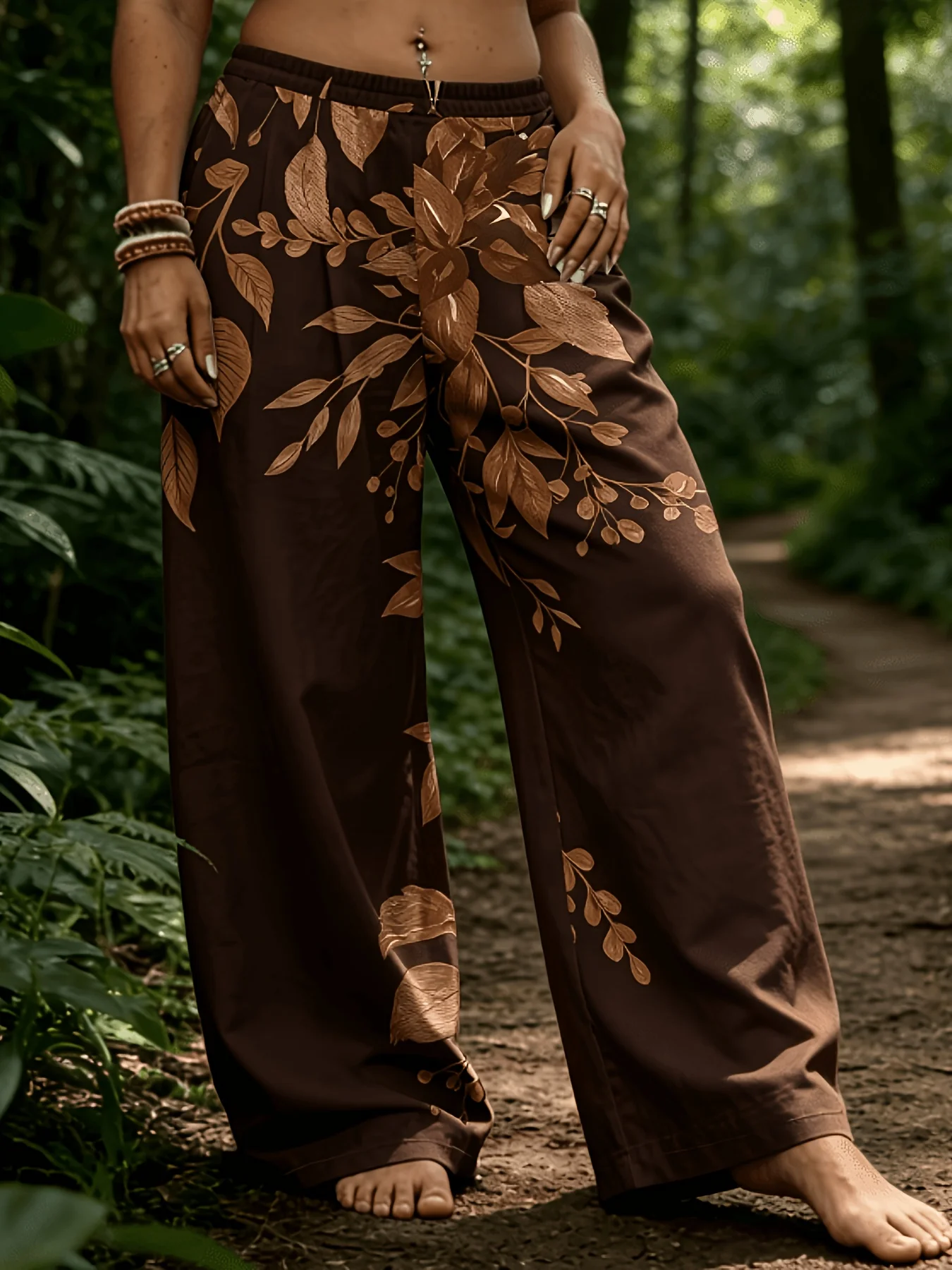Women'S Wide-Leg Pants, Brown Leaf-Patterned Texture, Suitable for Beach Breathable, Comfortable to Wear.