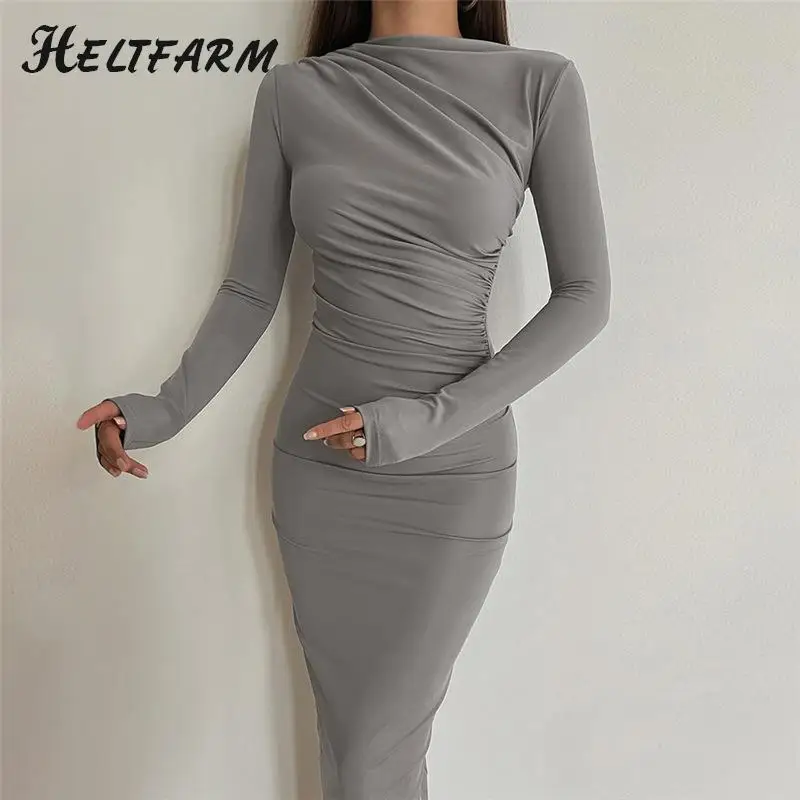 Robe Froncée à Manches sulfpour Femme, Tenue Élégante, Col Montant, Slim Fit, Couleur Unie