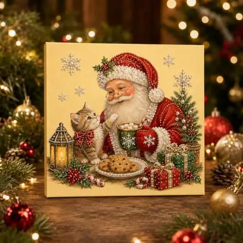 Festive Pearl Beaded Christmas Art Framed Painting Santa Claus with Cat Decor for Home Xmas Holiday Gift Tabletop