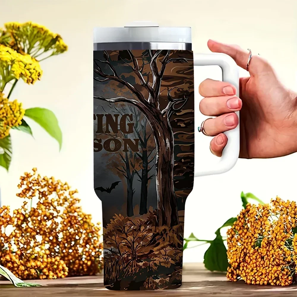 40oz Tumbler with Handle, Features Owl Hunting Season Woodland Print, Suitable for Hunting Lovers And Outdoor Enthusiasts, Holds Both Hot And Cold Drinks, Perfect for Outdoor Camping Daily Use And Travel.