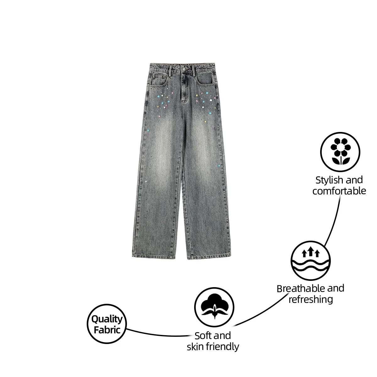 

Осень 2024, женские винтажные джинсы с высокой талией, широкие брюки с бисером, брюки в американском стиле, свободная посадка