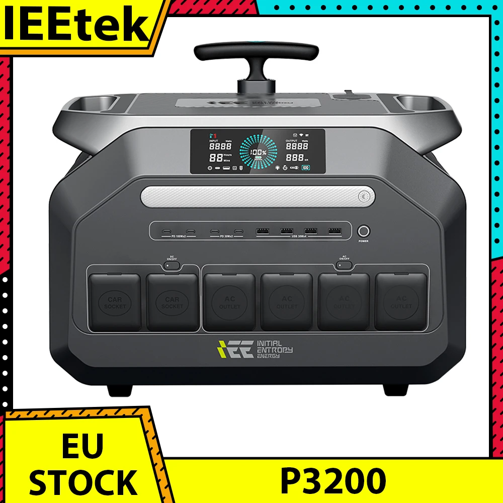 Station d'alimentation portable IEETek P3200, batterie LiFePO4 2048Wh, sortie onde sinusoïdale pure 3200W, puissance de crête 6400W, charge rapide 1,5H, entrée solaire 1000W, durée de vie de la batterie 4000+ cycles, contrôle via application WiFi et Bluetooth