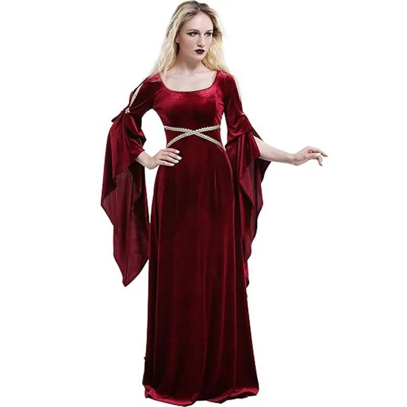 

Medieval Renaissance Women Dress Velvet Long Flare Sleeve Vintage Princess Costumes for Halloween Carnival Party Dress Up