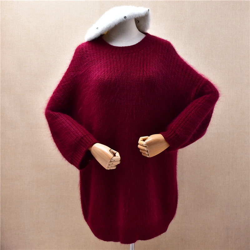 

Women Mujer Autumn Winter Thick Warm Hairy Angora Rabbit Hair Knitted Long Sleeves Medium Long Sweater Jumper Dress Pull Tops
