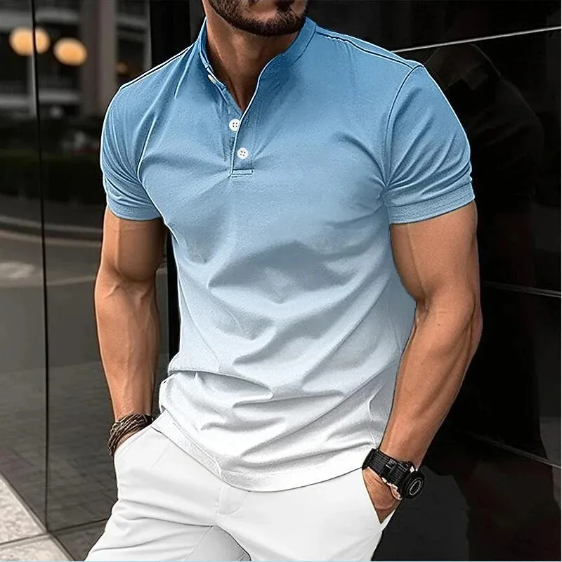 Best Selling Men\'s Short Sleeve Polo Shirt Lapel Button Solid Colour Gradient Tops Summer Casual Comfortable Men\'s Clothing