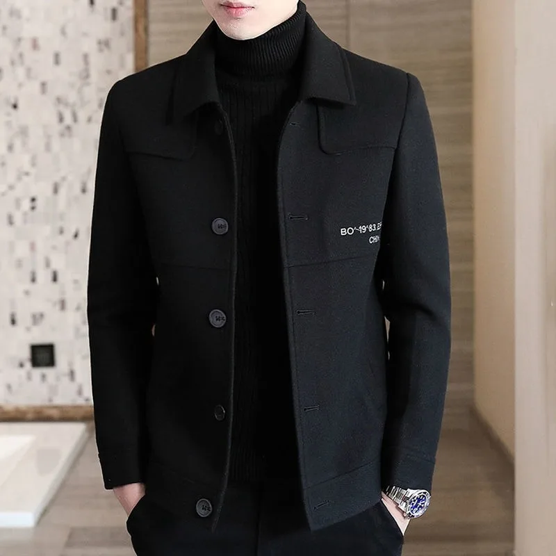 2023 New Men Autumn Winter Woolen Short Thicken Warm Overcoat Self-cultivation Trend Coat Relaxation Jacket Embroidered Outwear