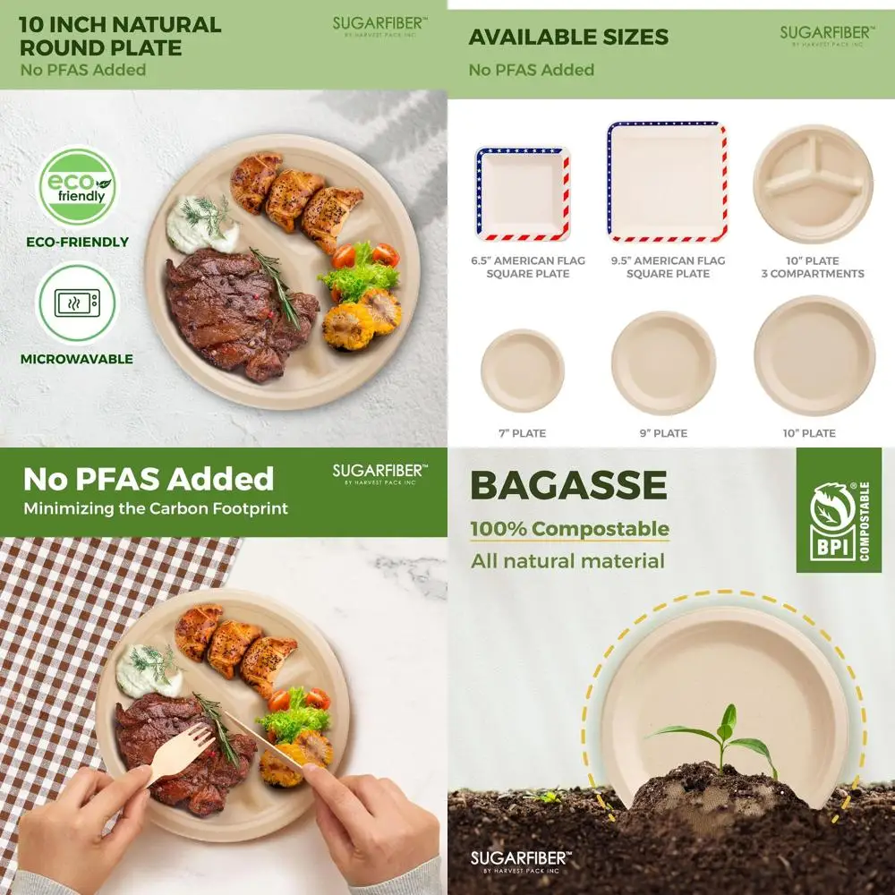 

10-inch 3-Section Compostable Paper Plates, Harvest Pack, Eco-Friendly Sugarcane Fiber Plates for Parties and Dinners