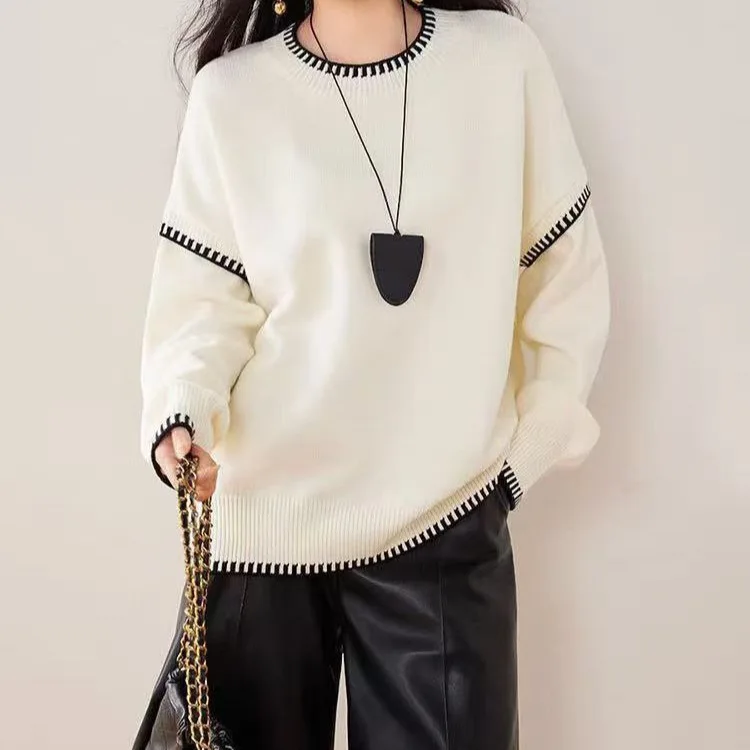 

Autumn and Winter New Black High Elasticity Loose Shoulder Sleeve Sweater Shell Embroidered Knitted Simple Women's Hoodie