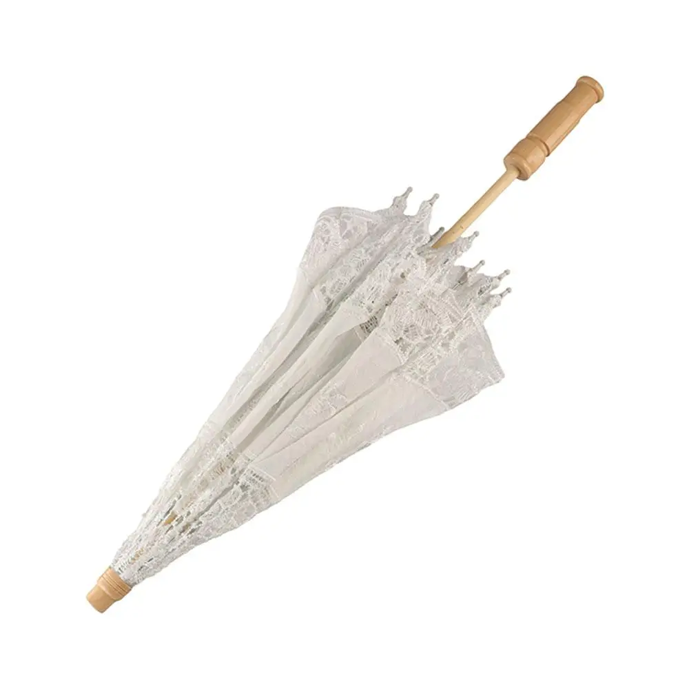 Embroidery Floral Wedding Lace Umbrella Hollowed Wooden Handle Prop Umbrella Cotton Black Parasol Umbrella Women image 2