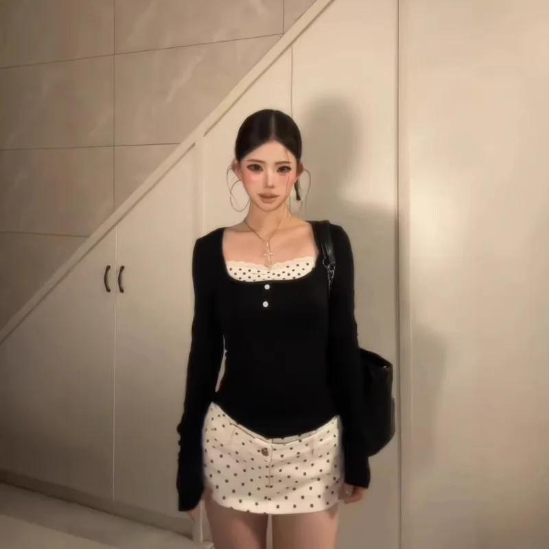 

Lace Polka Dot Long-sleeved T-shirt Women's 2026 Spring New Fake Two-piece Slim-fit Top