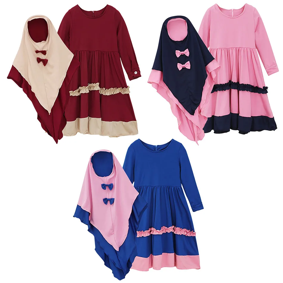 Children Clothing Girls Long Sleeved Dress+Bow Headscarf Two-Piece Set Muslim Girl Clothing Girls Casual Dresses Girls Dresses