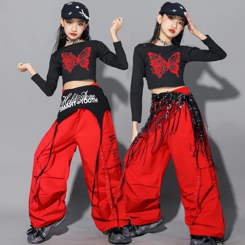 Girl Jazz Group Clothes Sets Hip Hop Sequin Crop Sweatshirt Cargo Pants Child Street Dance Costume Kids K-pop Streetwear Outfits