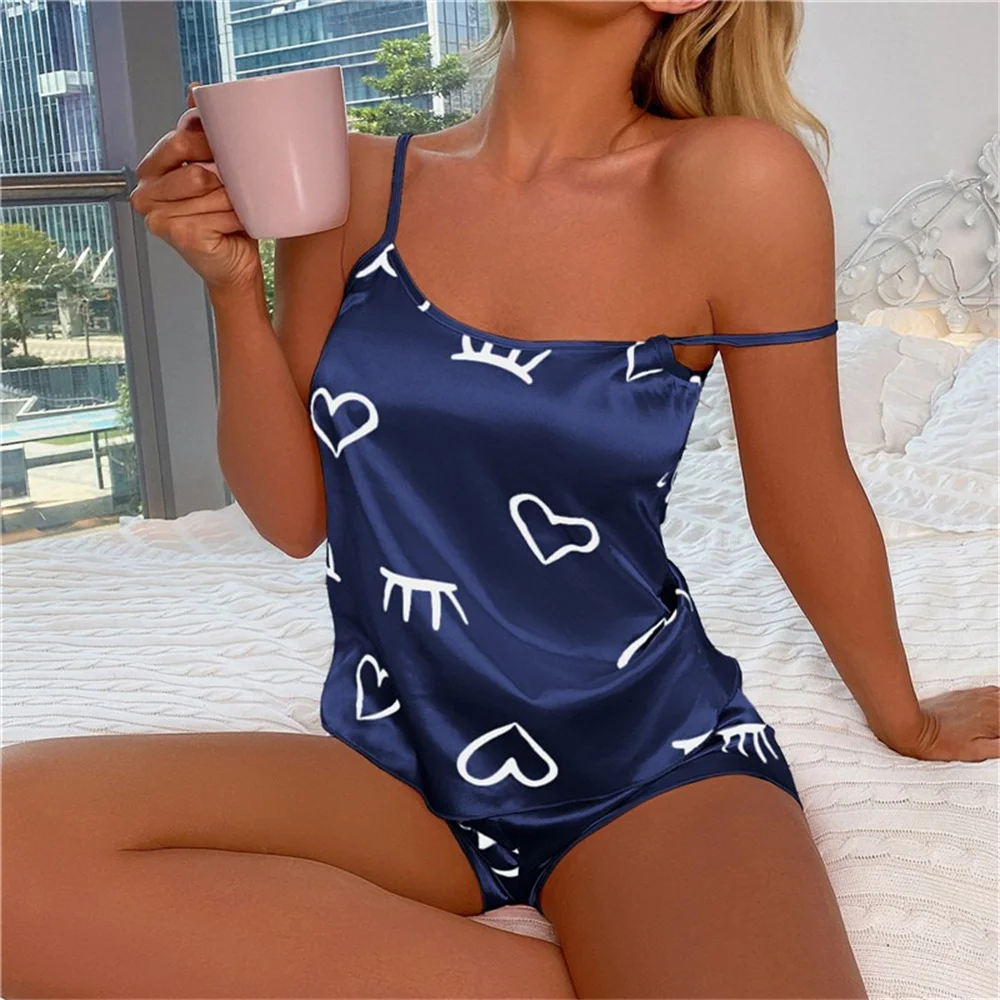 Women Pajama Set 2 Pieces Sexy Heart Print Sleepwear Pyjamas Silk Satin Top And Shorts Nightwear Suits Sleeveless Underwear Tops