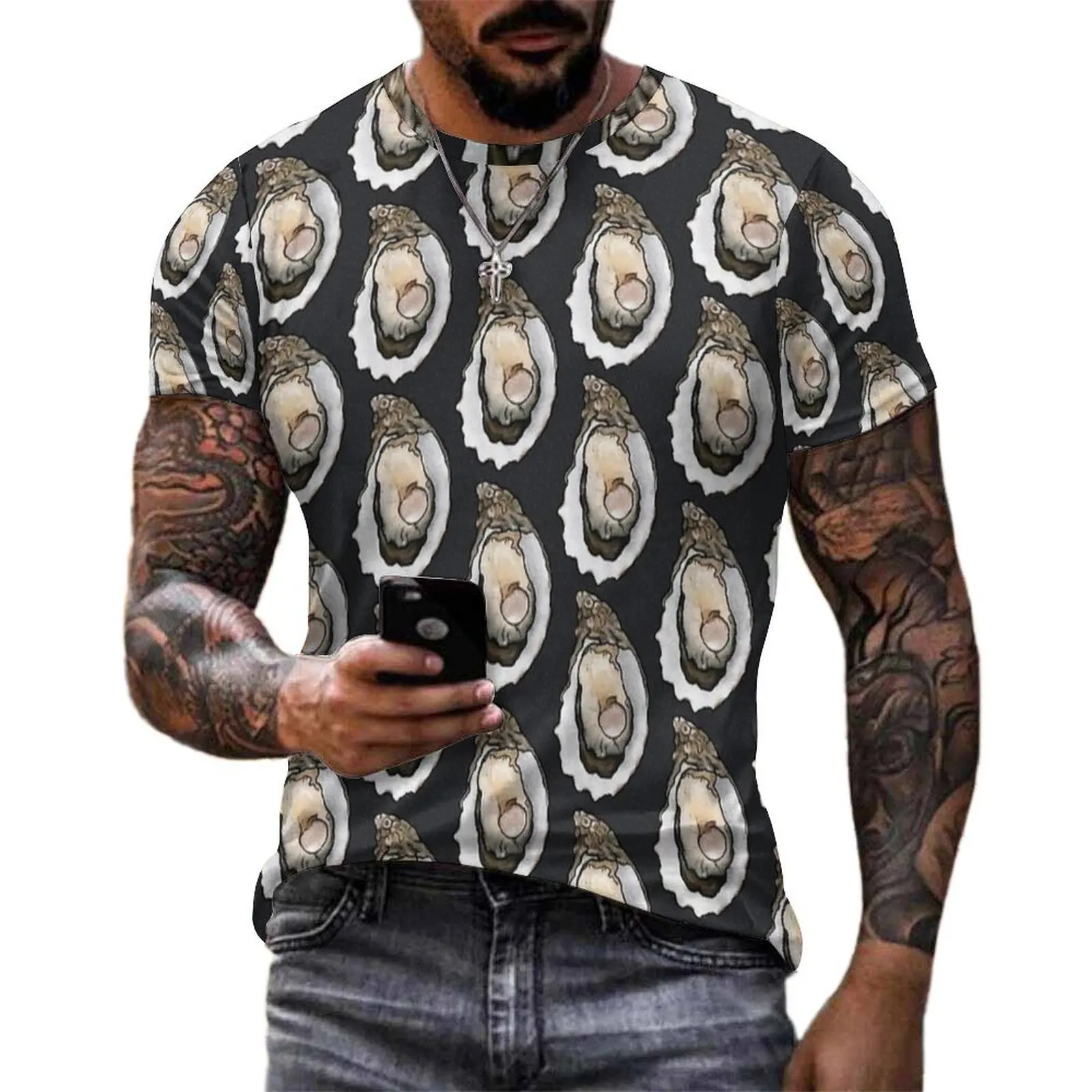 Summer T-Shirt Oyster Feast with Pearls in Charcoal T-Shirts  Funny Hip Hop Tees For Men Short-Sleeve Custom Oversized Clothing