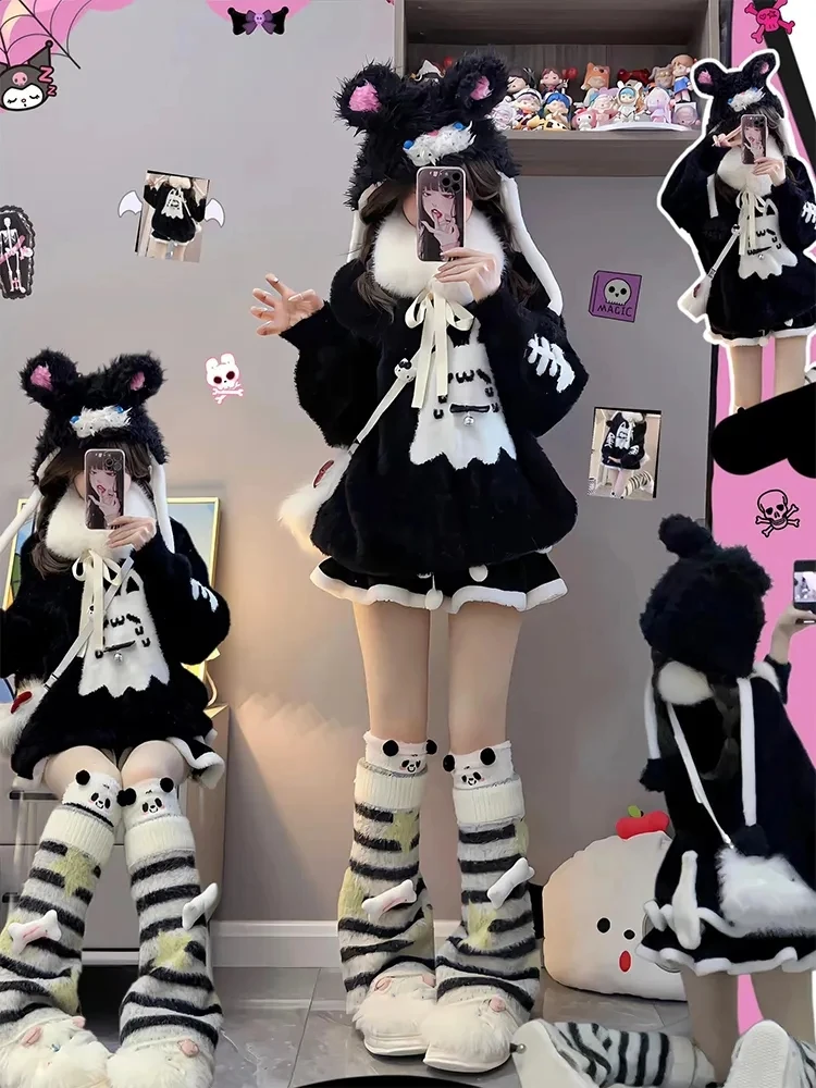 

Women's Loose Furry Sweater Hooded Top And Skirt Two-Piece Set Warm Casual Sle Long Sve round Ne Winter Faion