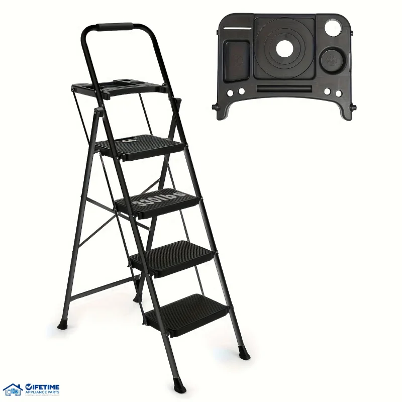 Custom.4-Step Foldable Ladder with Platform, Wide Anti-Slip Platform, Heavy-Duty, Portable, 330lb Capacity, Rubber Handle,