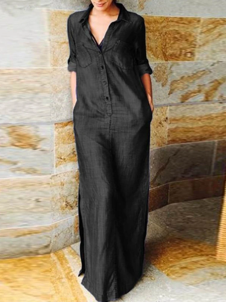 女性のレトロなロングデニムドレス,ストレートスリーブ,ラペルポケット,ロング,ハーフオープン,新しいファッション,エレガント
