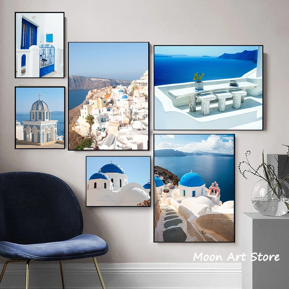 Santorini Aegean Travel Poster Blue Architectural Landscape Canvas Painting HD Print Nordic Wall Art Living Room Bedroom Decor