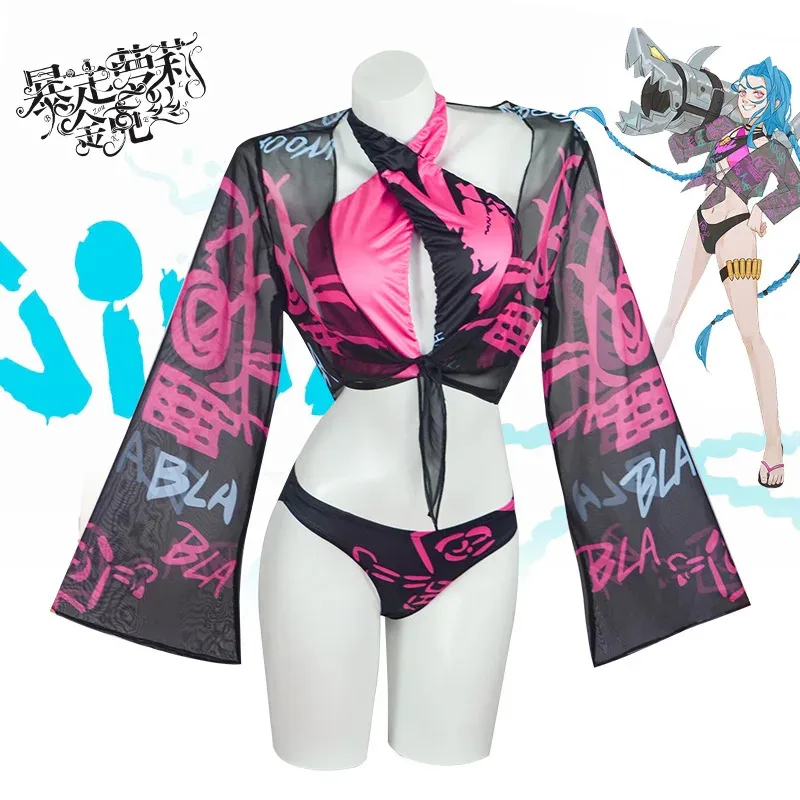 

Jinx Women Swimwear 3-piece Bikini Cosplay Costume Game LoL Adult Fantasia Swimsuit Roleplay Outfits Halloween Carnival Suit