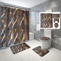 4-piece bathroom essentials set - stylish curved shower curtain with hooks, non-slip bath mat, U-shaped toilet seat and toilet